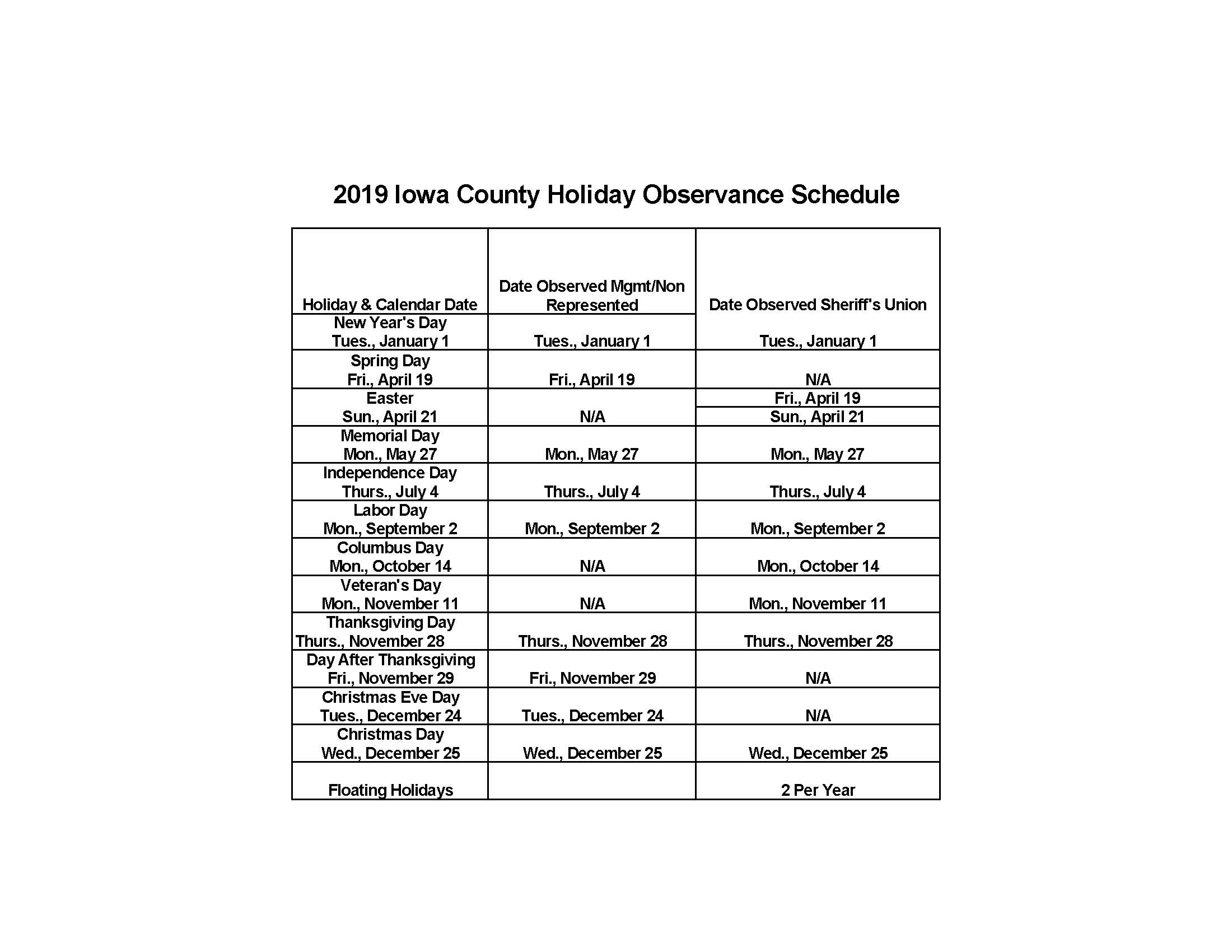 to the Official Website of Iowa County, WIHoliday Calendar